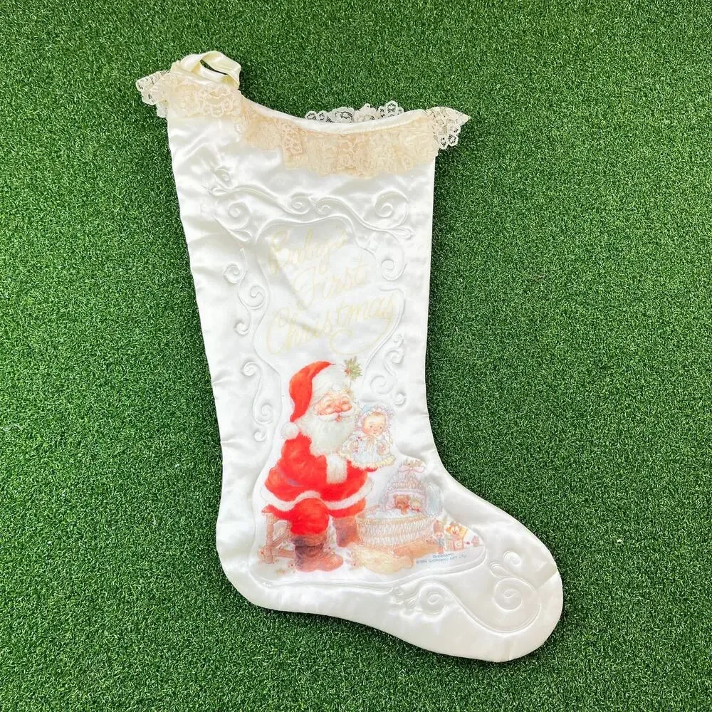 Vintage 1980s Giordano Art Christmas Stocking Satin Lace Babys First Christmas